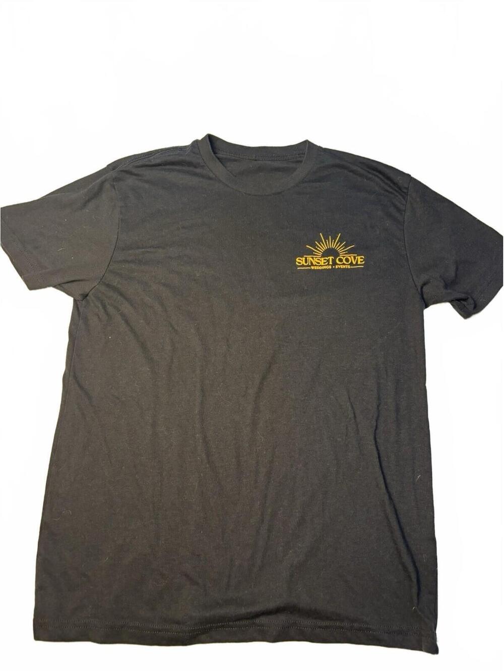 Sunset Cove Black T-Shirt with Yellow Logo for Weddings and